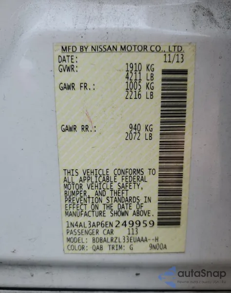 2014 Nissan Altima 2.5 z USA, uszkodzony, nr VIN 1N4AL3AP6EN249959